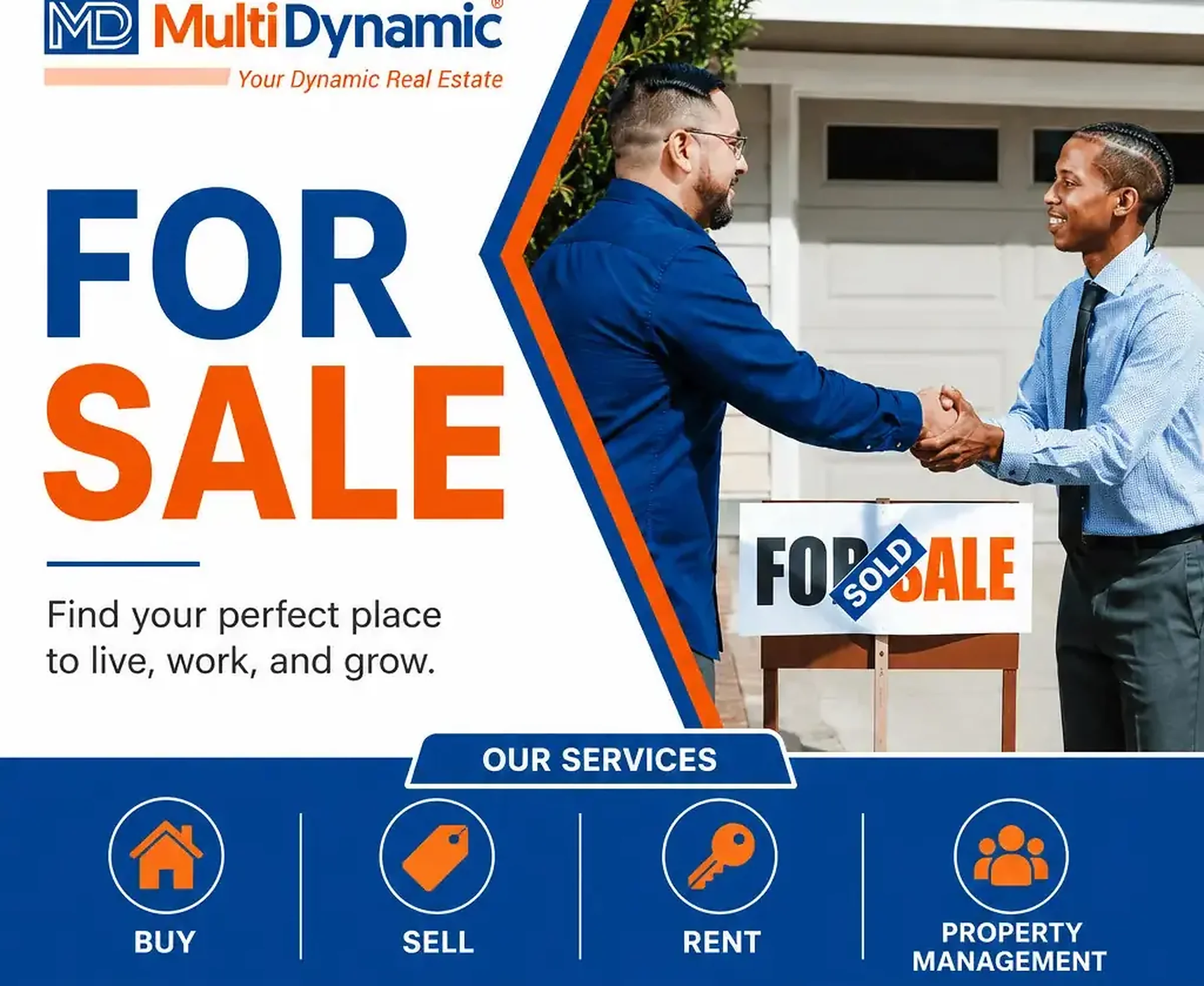 Two property professionals shaking hands beside a sold sign